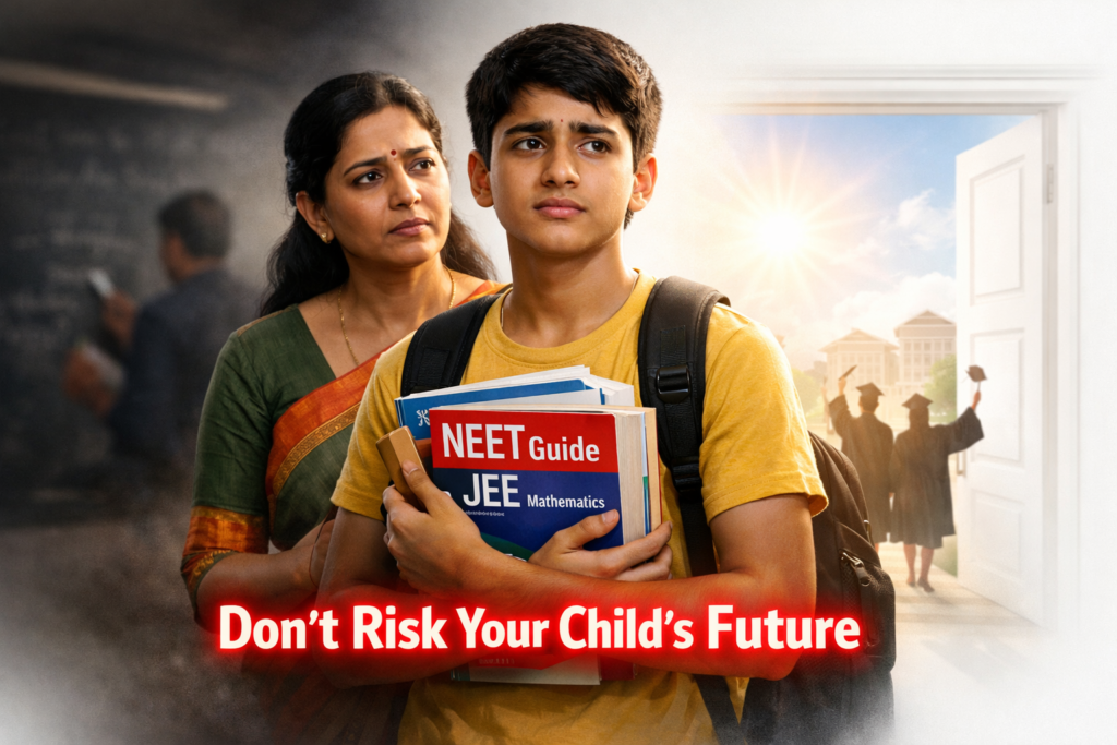 Concerned parent standing behind a NEET/JEE aspirant holding study books, symbolizing guidance and support while choosing the Best Coaching Institute for NEET/JEE for a successful academic future.