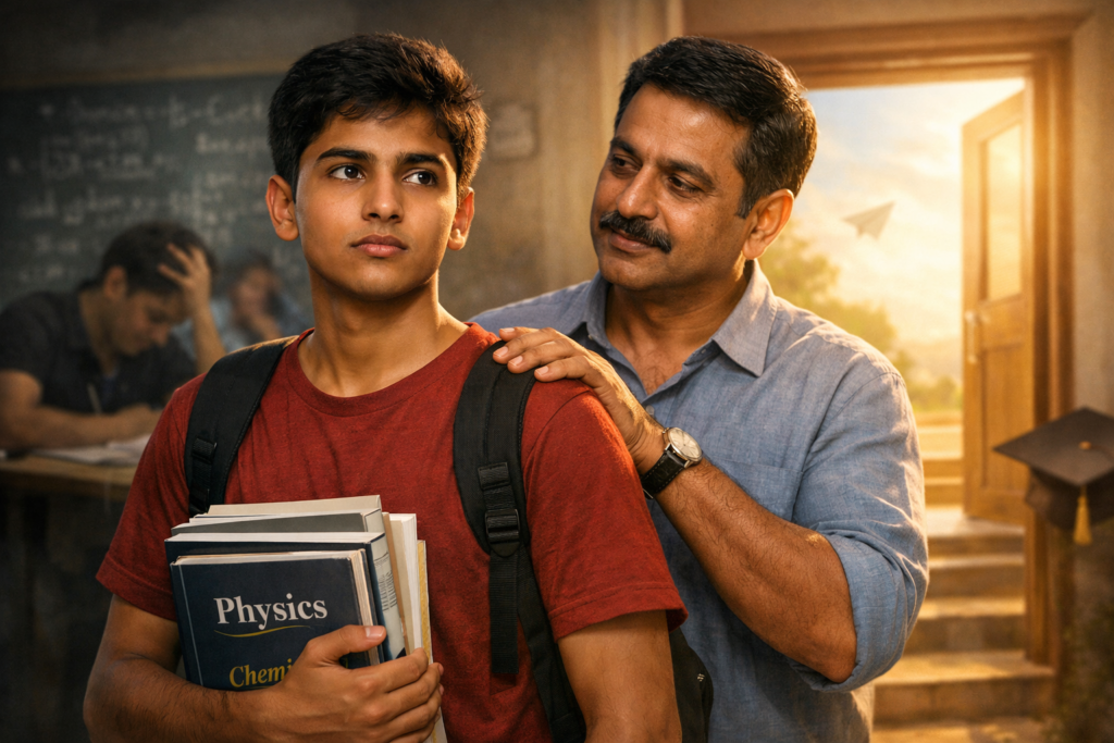 A supportive father encouraging his NEET/JEE aspirant son holding Physics and Chemistry books, highlighting the importance of choosing the Best Coaching Institute for NEET/JEE for exam success and a secure future.